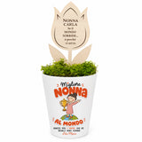 Vaso conico bianco con muschio verde e fiore in legno con dedica Nonna Carla