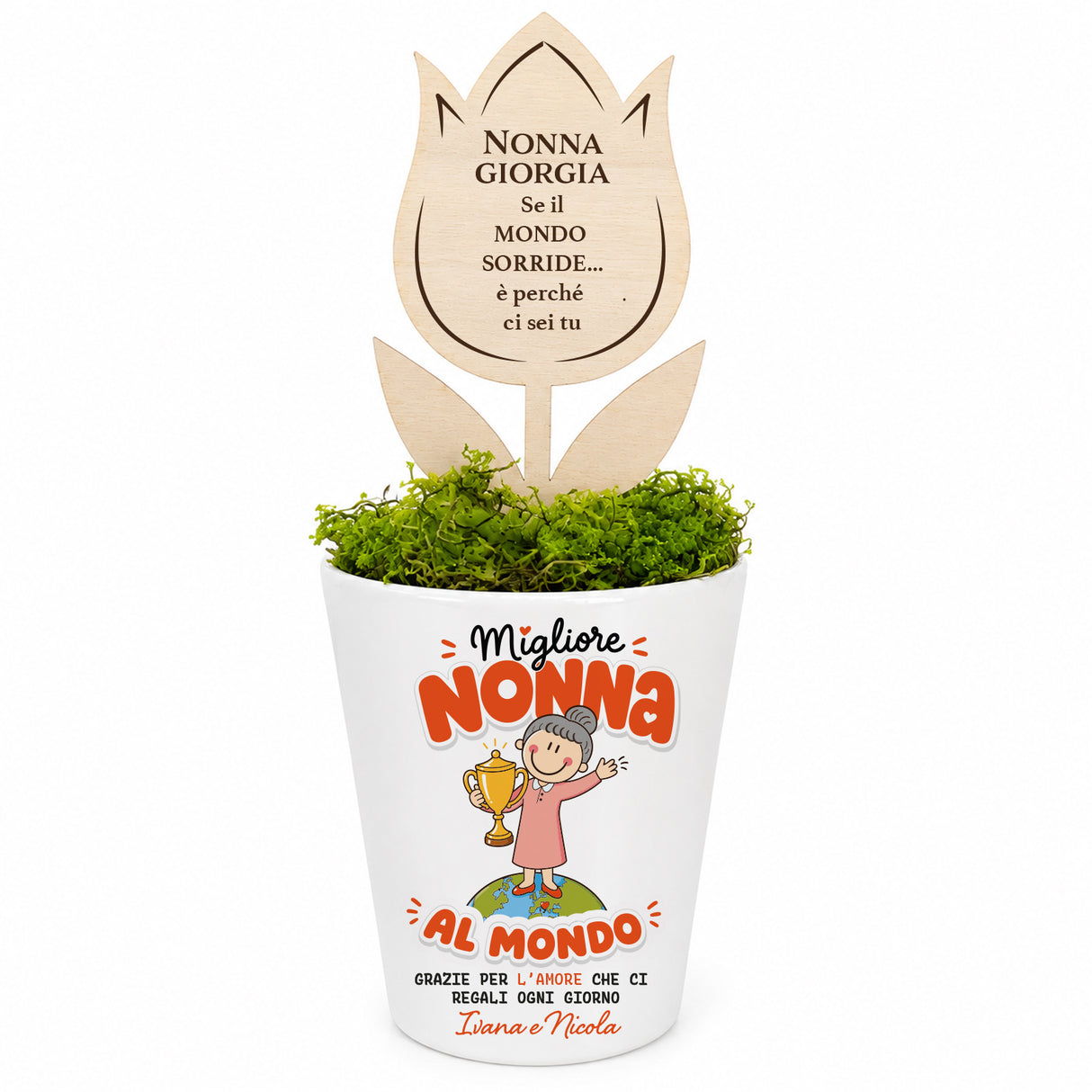 Vaso conico bianco con verde muschio e fiore in legno con dedica Nonna Giorgia