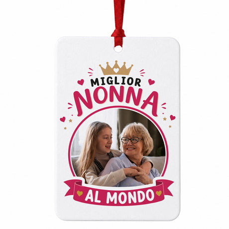 Profumatore auto rettangolare bianco con nastrino rosso e foto di nonna