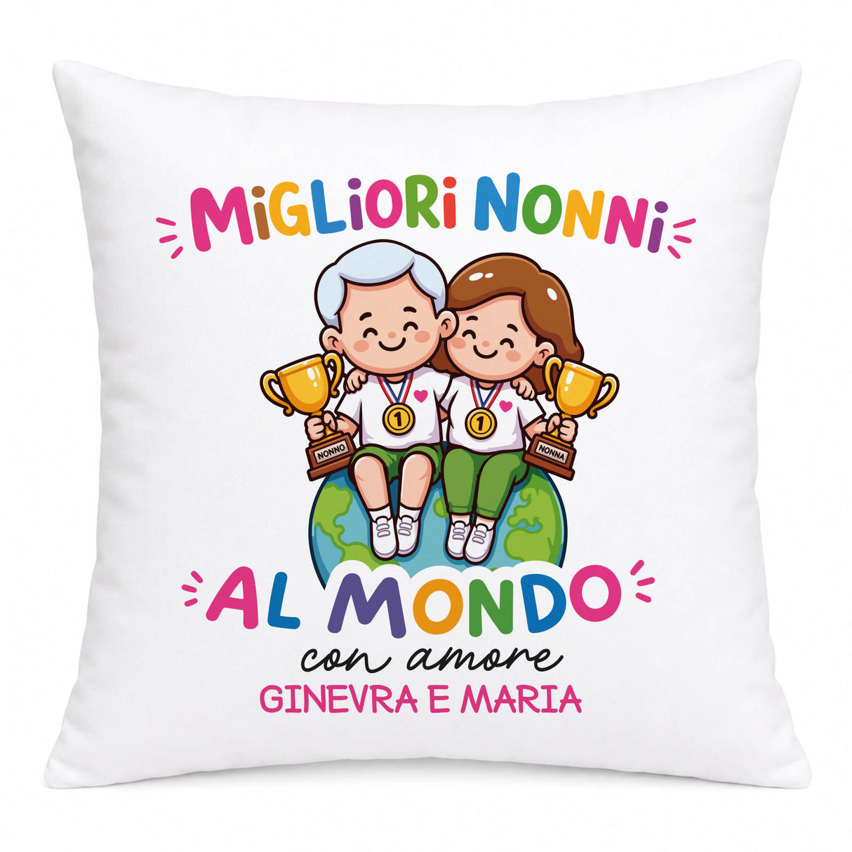 Cuscino bianco con stampa 'Migliori Nonni al mondo' GINEVRA E MARIA