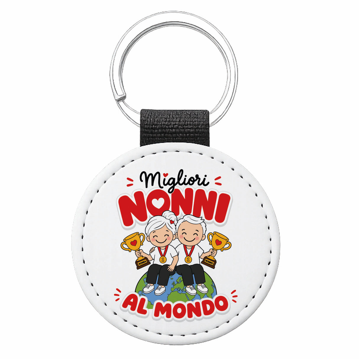 Portachiavi rotondo con scritta “Migliori Nonni al mondo” e coppia, cinturino nero