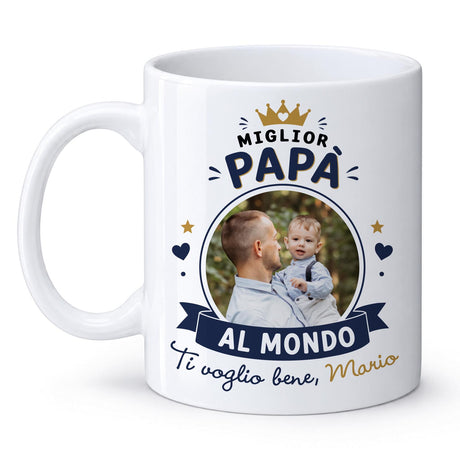Tazza bianca con stampa “Miglior Papà al Mondo” e foto padre-bambino