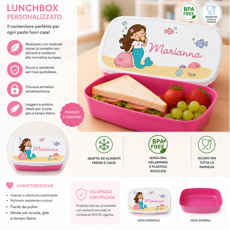 Lunch box personalizzabile bianco con sirena e nome Marianna, base rosa
