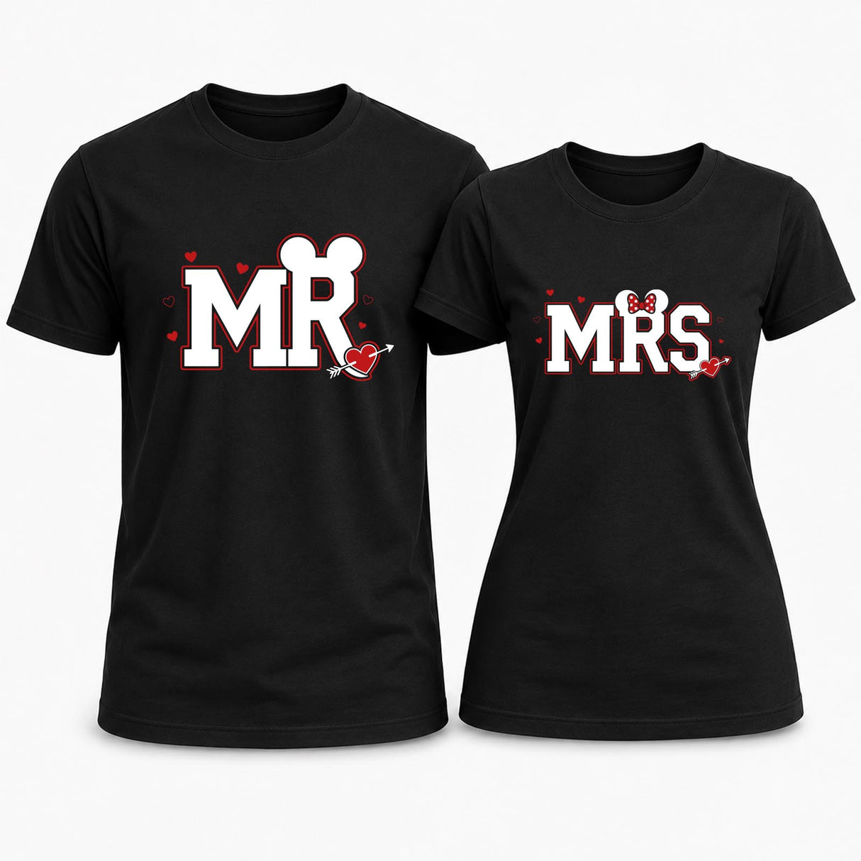 Set di due t-shirt nere Mr e Mrs con stampa rossa e bianca, girocollo