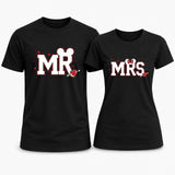 Set di due t-shirt nere Mr e Mrs con stampa rossa e bianca, girocollo