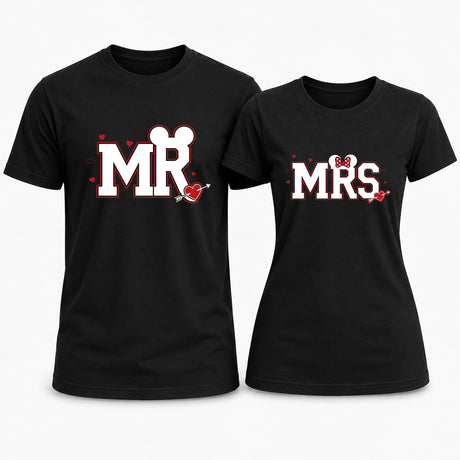Set di due t-shirt nere Mr e Mrs con stampa rossa e bianca, girocollo