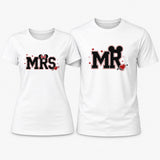 Set di due t-shirt bianche Mr e Mrs con stampa rossa e nera, girocollo