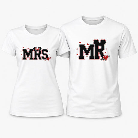 Set di due t-shirt bianche Mr e Mrs con stampa rossa e nera, girocollo