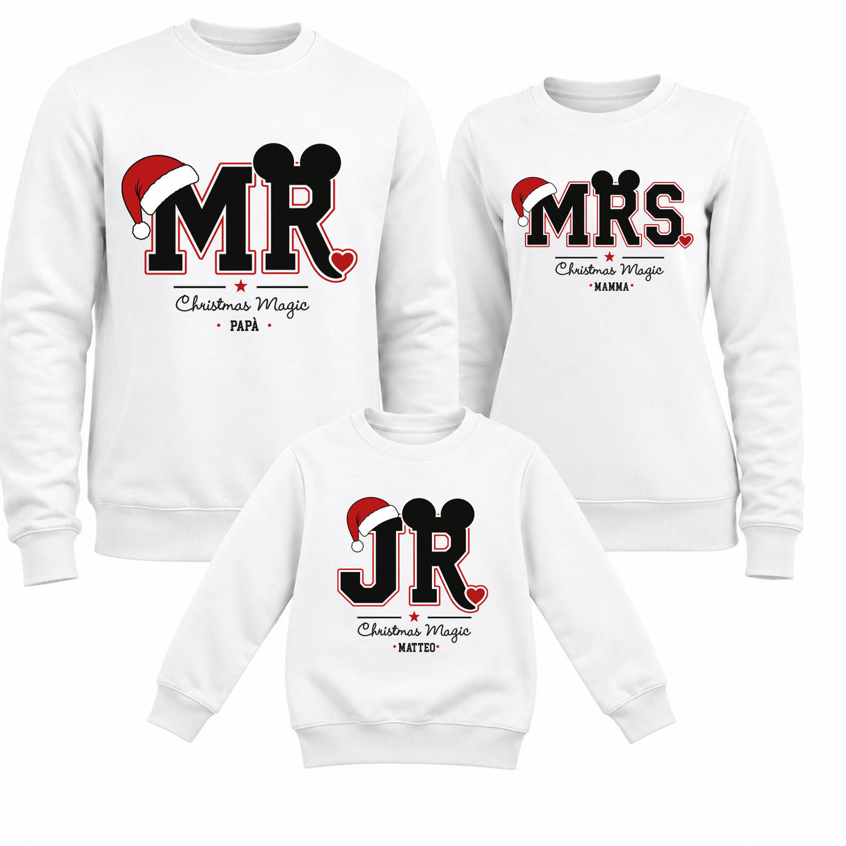 Set di 3 felpe bianche frontali con scritte MR, MRS e JR per Natale, girocollo.