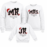 Set di 3 felpe bianche frontali con scritte MR, MRS e JR per Natale, girocollo.