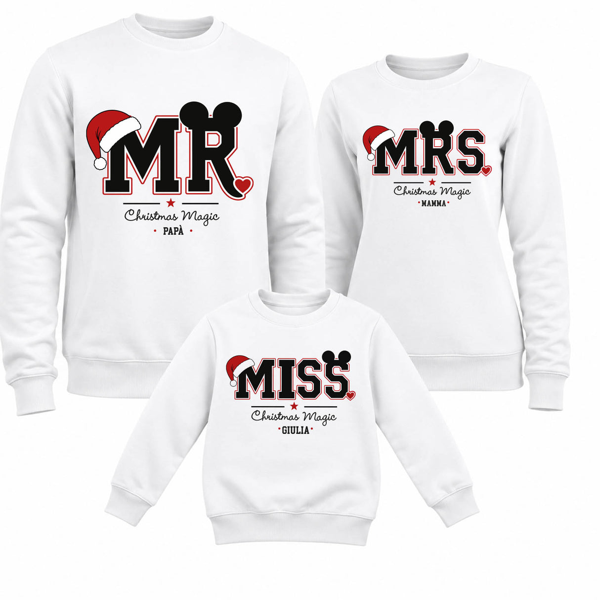 Set di felpe natalizie bianche con stampa MR, MRS e MISS colorata