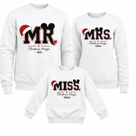Set di felpe natalizie bianche con stampa MR, MRS e MISS colorata