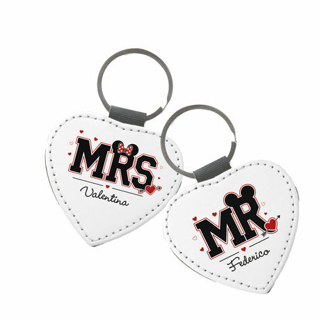 Coppia di portachiavi a cuore bianchi, anelli grigi, Mr Federico e Mrs Valentina