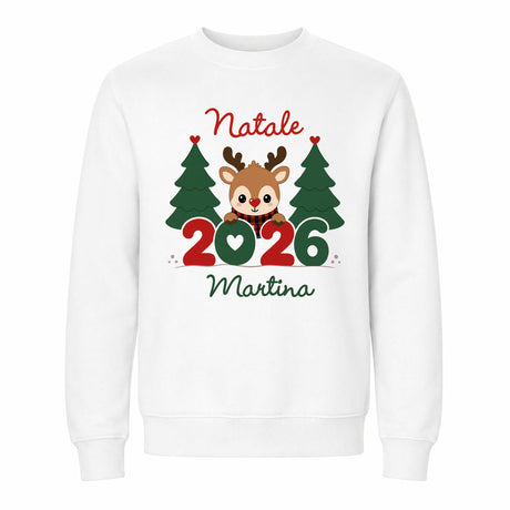 Felpa bianca con grafica Natale 2026: renna, cuori e nome Martina