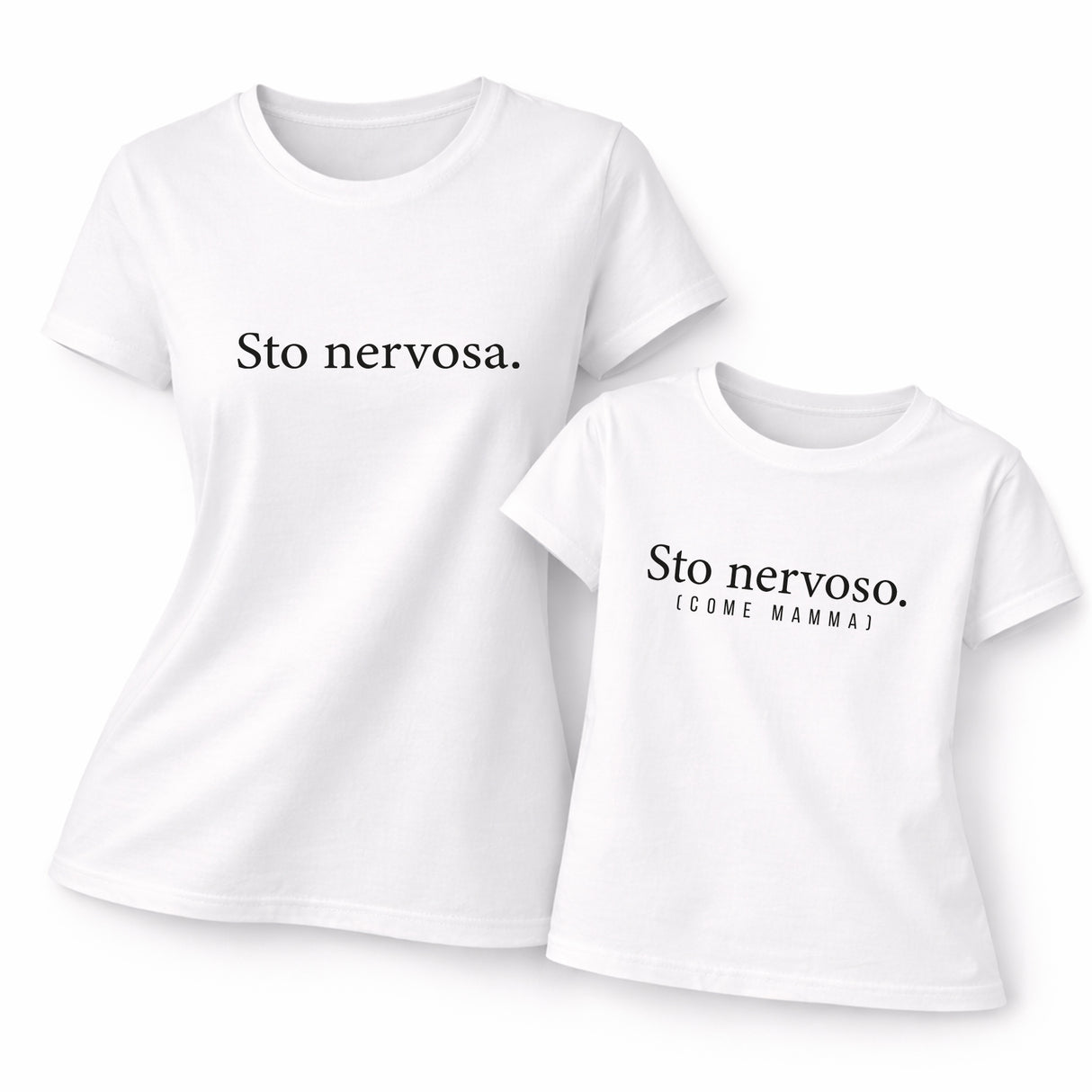 T-shirt coordinata mamma e figlio bianca con “Sto nervosa.” e “Sto nervoso.” (come mamma)