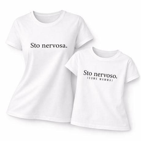 T-shirt coordinata mamma e figlio bianca con “Sto nervosa.” e “Sto nervoso.” (come mamma)