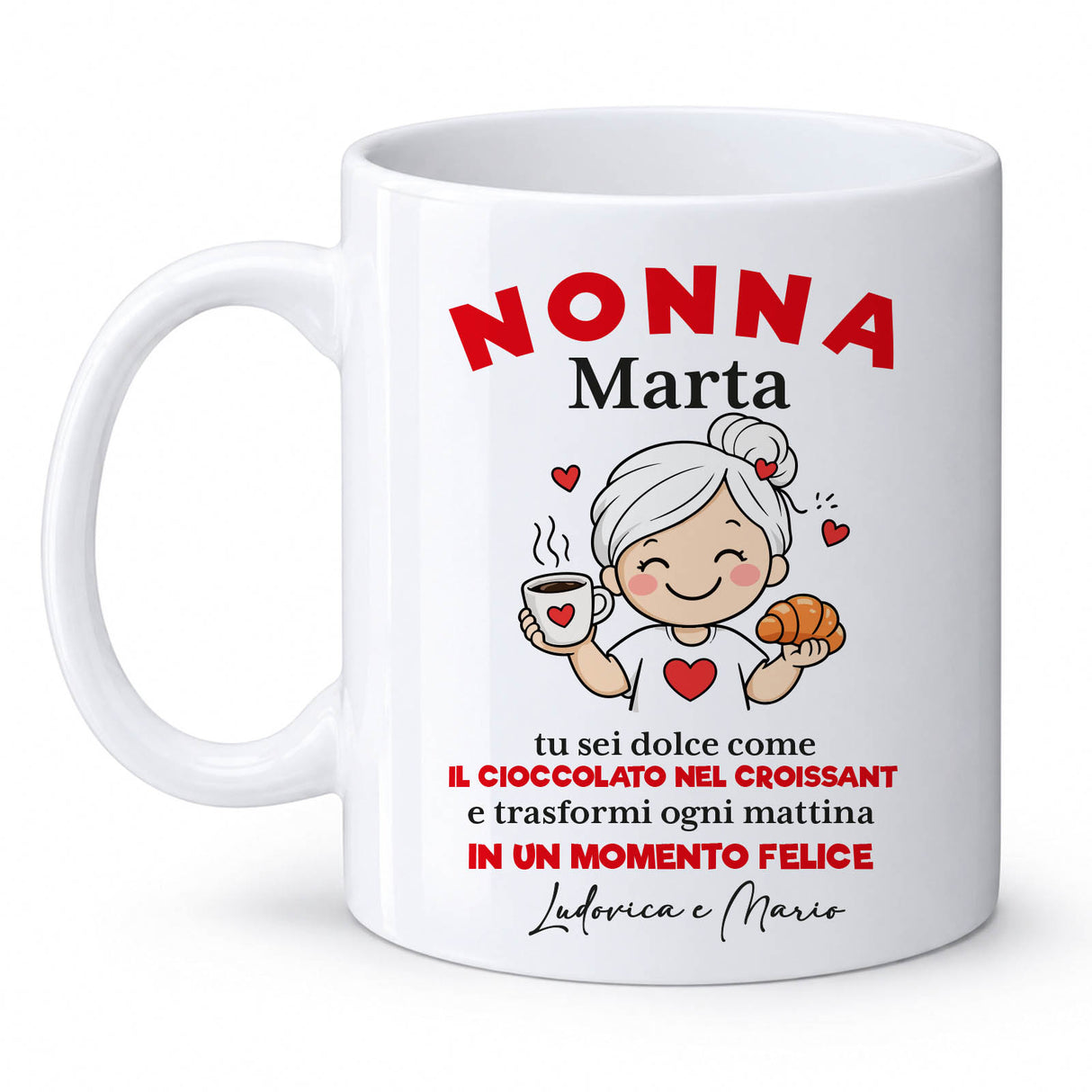 Tazza bianca con stampa 'NONNA Marta' e illustrazione di nonnina con croissant