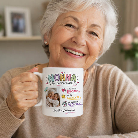 Tazza bianca personalizzata “NONNA” con foto e dedica, tenuta da una donna anziana