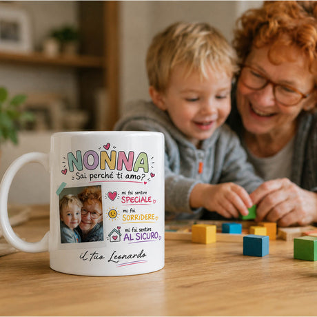 Tazza bianca personalizzata “NONNA” con foto e scritta multicolore, su tavolo