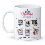 Tazza bianca con scritta “Questa Nonna appartiene a…” e collage di foto