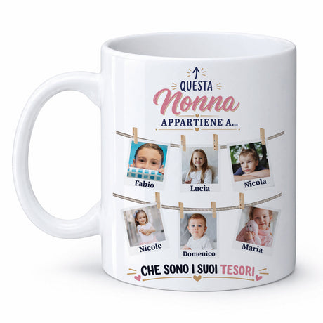 Tazza bianca con scritta “Questa Nonna appartiene a…” e collage di foto