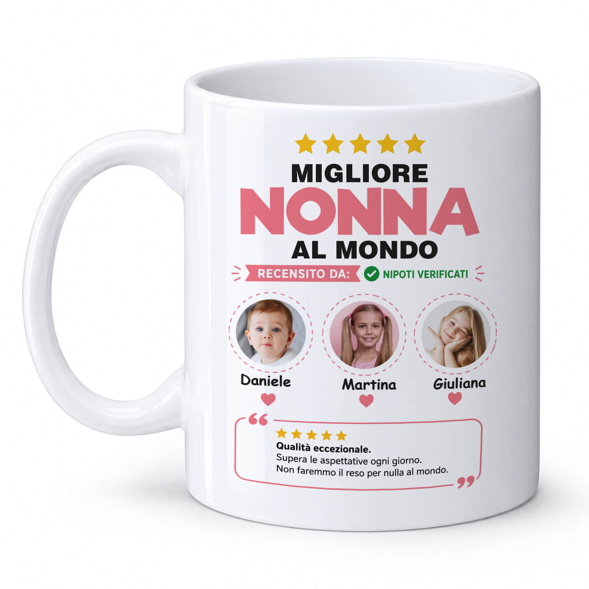 Tazza bianca personalizzata "Migliore Nonna al Mondo" con tre foto e nomi