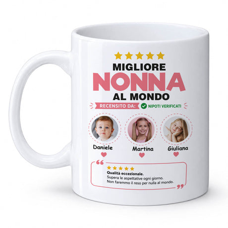 Tazza bianca personalizzata "Migliore Nonna al Mondo" con tre foto e nomi