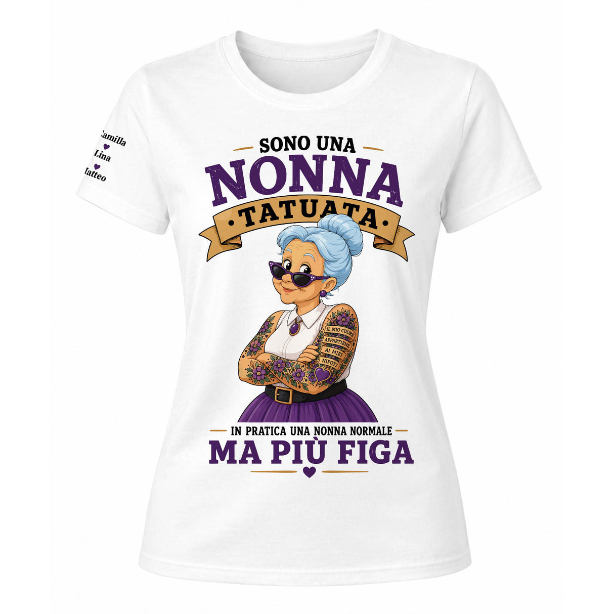 Maglietta bianca con stampa nonna tatuata, scritta «Sono una nonna tatuata»