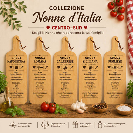 Collezione di taglieri in legno Centro-Sud con 5 versioni “Nonna”.