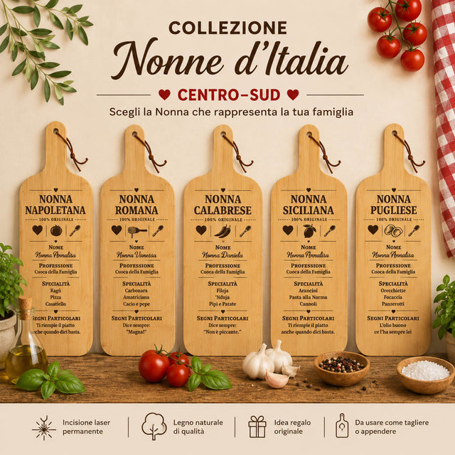 Collezione di taglieri in legno Centro-Sud con 5 versioni “Nonna”.