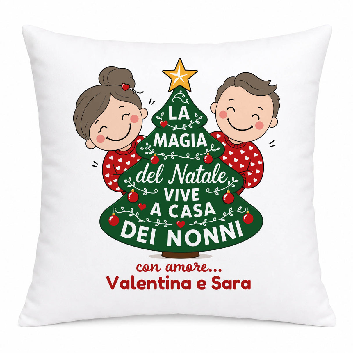 Cuscino bianco natalizio con scritta “La magia del Natale vive a casa dei nonni”