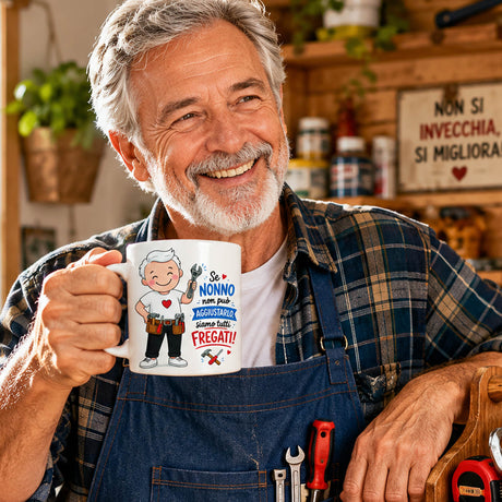 Tazza bianca con stampa del nonno e scritte, in mano a un uomo sorridente.
