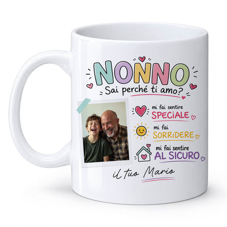 Tazza bianca con manico: stampa Nonno, foto e dedica "il tuo Mario".