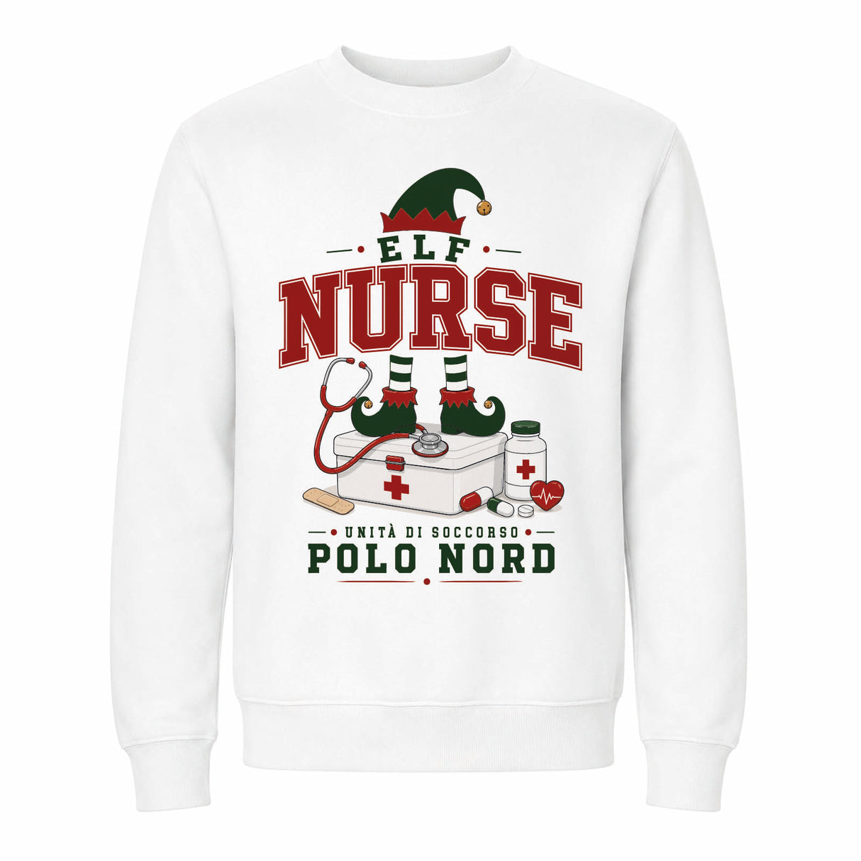 Felpa bianca con grafica “Elf Nurse” e scritta Polo Nord, vista frontale