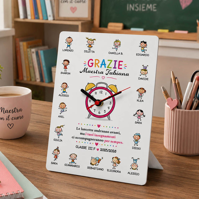Orologio da scrivania personalizzato su supporto, con scritta «GRAZIE» e orologio