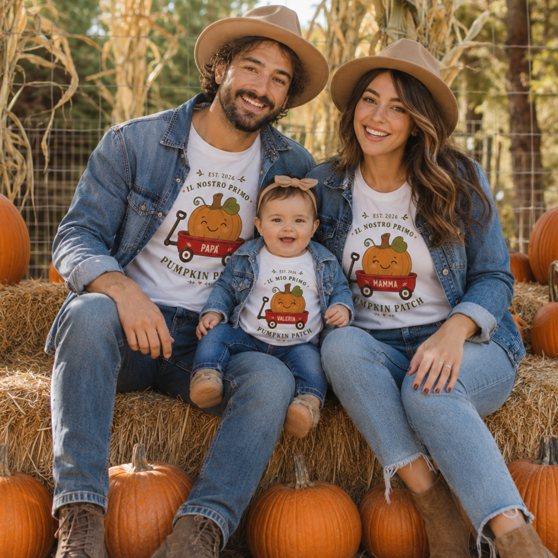 Set di magliette bianche Pumpkin Patch con stampa Papà, Mamma e Bimbo, maniche corte
