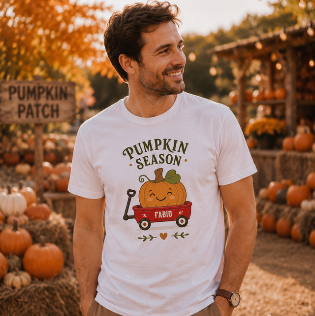 Maglietta bianca uomo con stampa “Pumpkin Season” e carretto con scritta Fabio