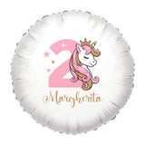 Palloncino foil argento 18" con unicorno rosa e Margherita su sfondo con numero 2