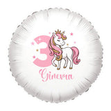 Palloncino foil tondo bianco con unicorno arcobaleno e “Ginevra” con numero 3