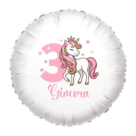 Palloncino foil tondo bianco con unicorno arcobaleno e “Ginevra” con numero 3