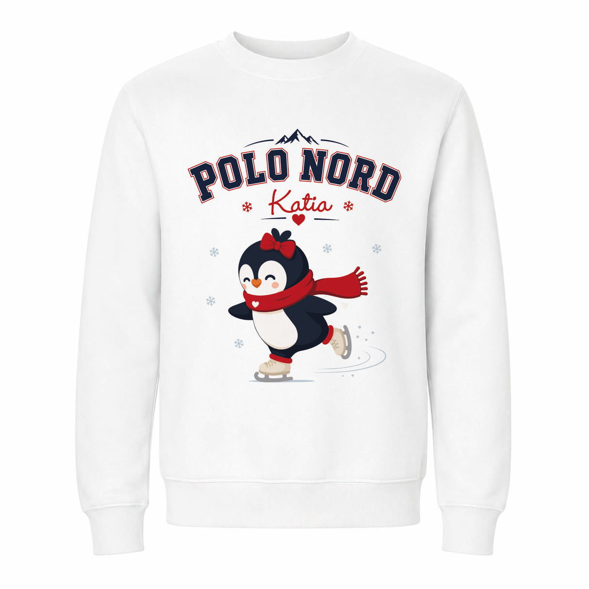 Felpa bianca con grafica pinguino Polo Nord sui pattini e nome Katia