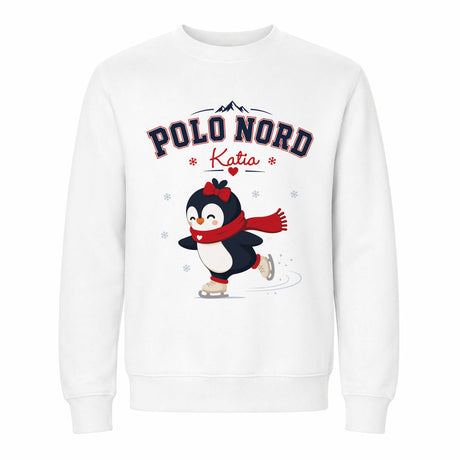 Felpa bianca con grafica pinguino Polo Nord sui pattini e nome Katia
