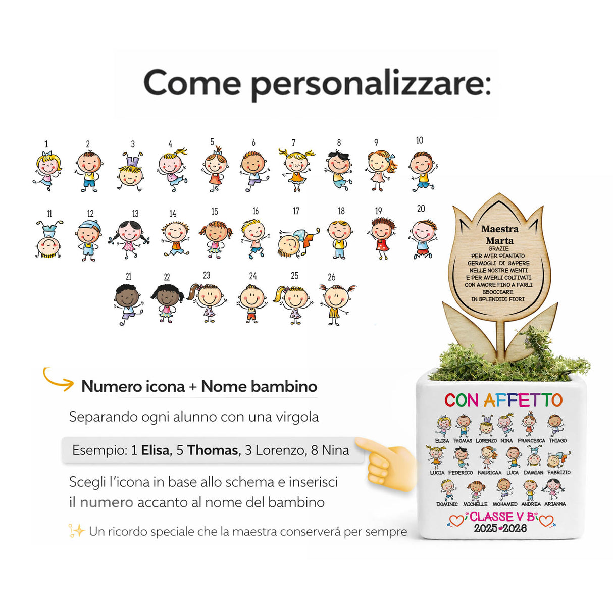 Vasetto per maestra con targa dorata e schema di personalizzazione «Come personalizzare»