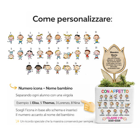 Vasetto per maestra con targa dorata e schema di personalizzazione «Come personalizzare»