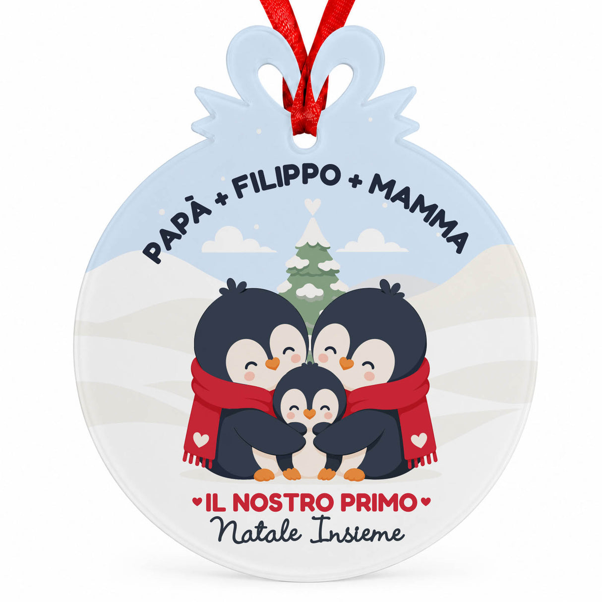 Decorazione tonda in plexiglass con nastro rosso, pinguini e testo "Il nostro primo"