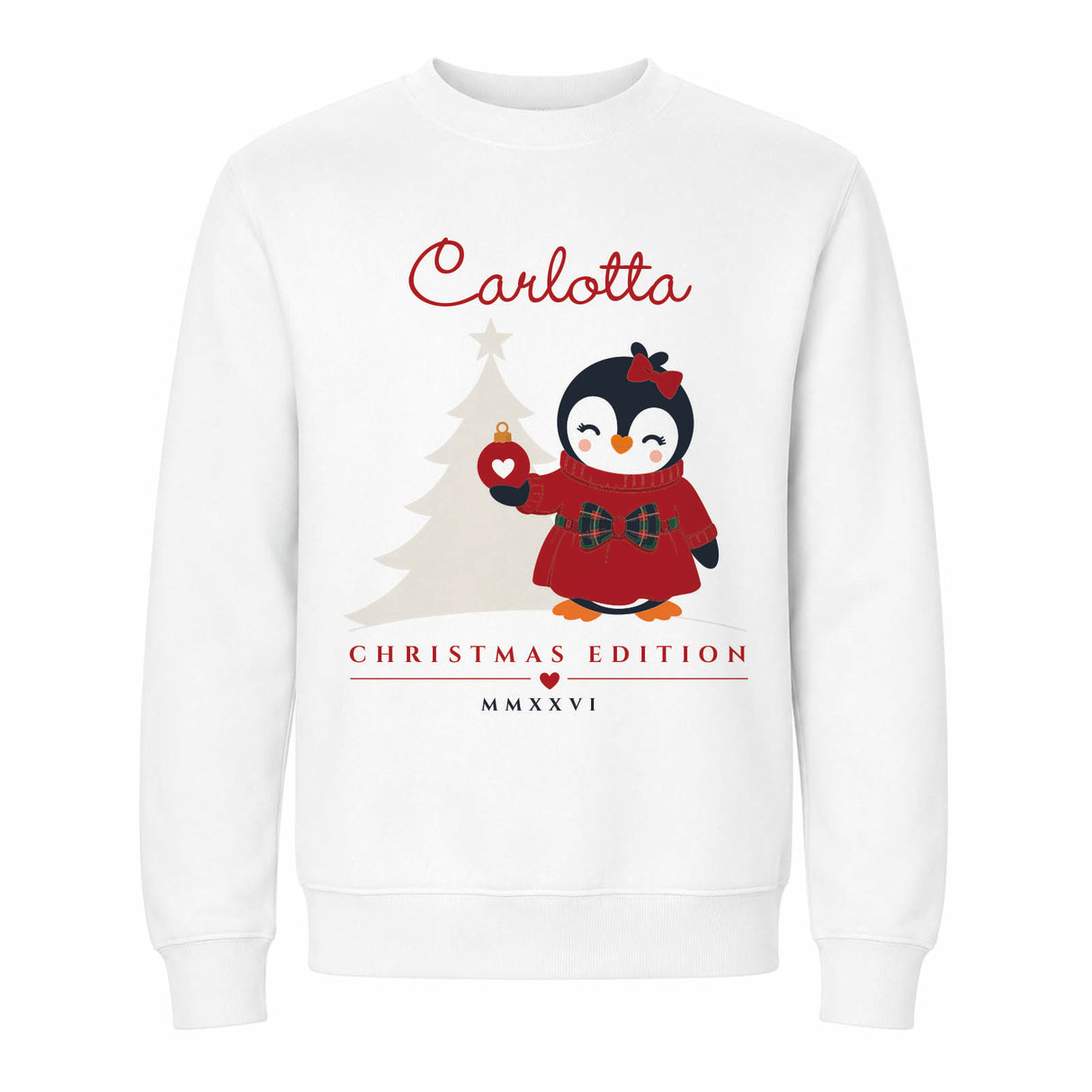 Felpa bianca con pinguino rosso e scritta Carlotta, Christmas Edition