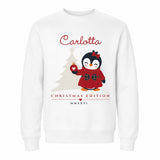 Felpa bianca con pinguino rosso e scritta Carlotta, Christmas Edition