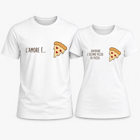 Set di 2 t-shirt bianche con stampa pizza e scritte “L’amore è…” e “Dividere”