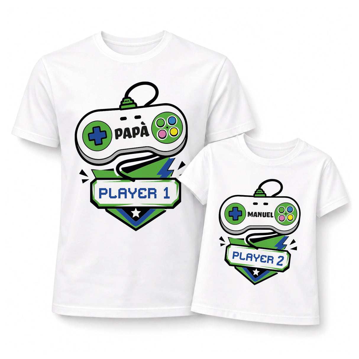 Coppia di magliette bianche papà e figlio con grafica Player 1 e Player 2