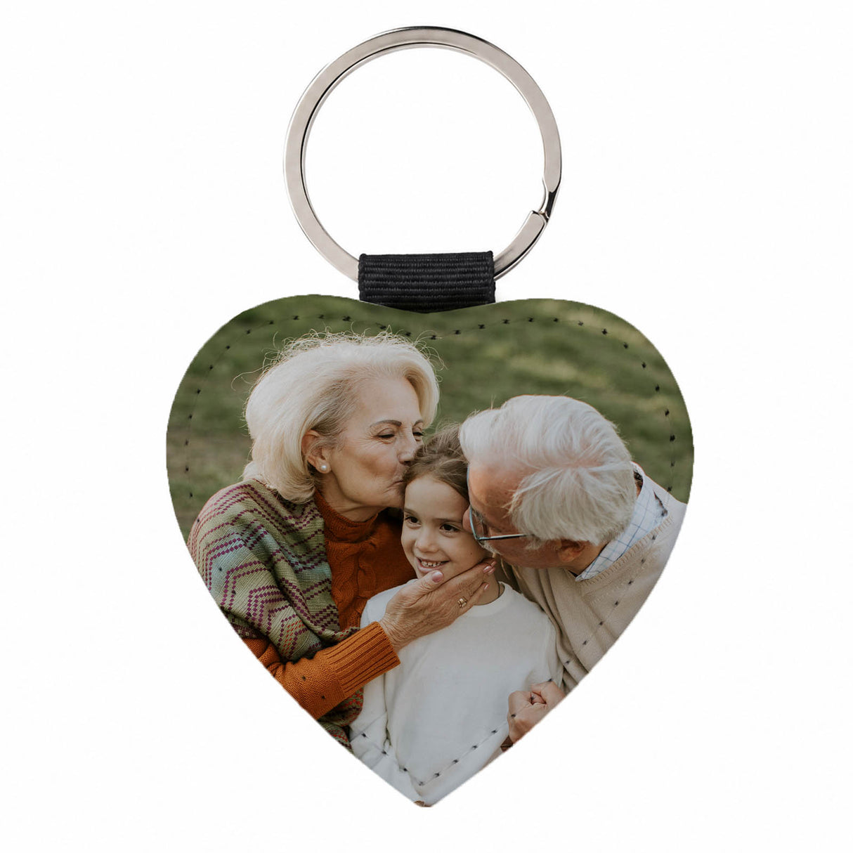 Portachiavi a cuore in ecopelle verde con foto, anello metallico e cordino nero
